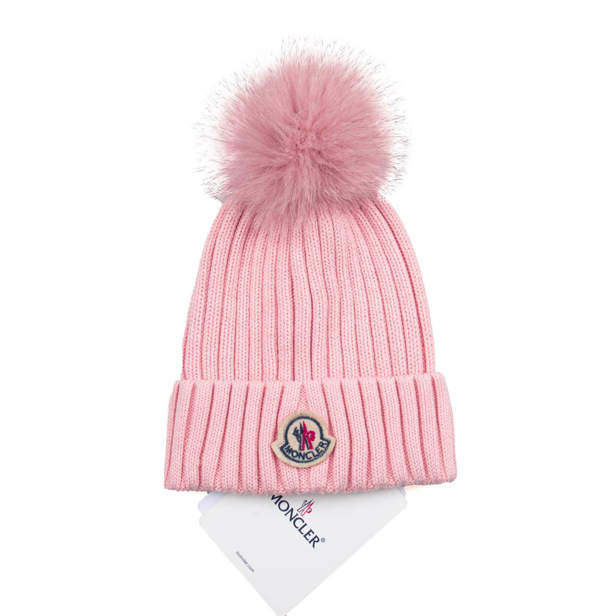 Moncler σκουφάκι με φυσική γούνα ροζ