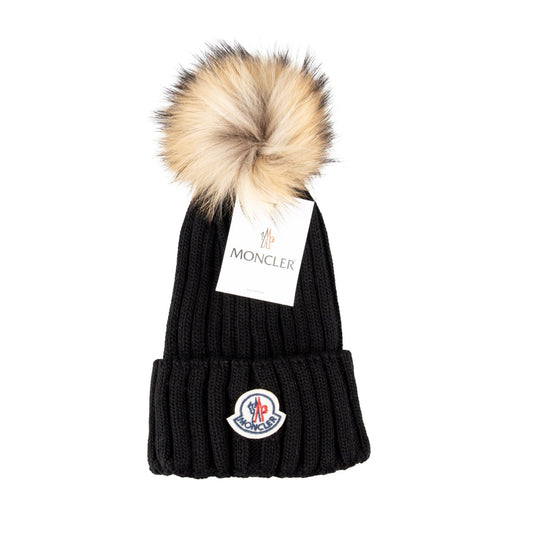 Moncler σκουφάκι με φυσική γούνα μαύρο